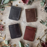 Personalized money clips shown in four leather colors