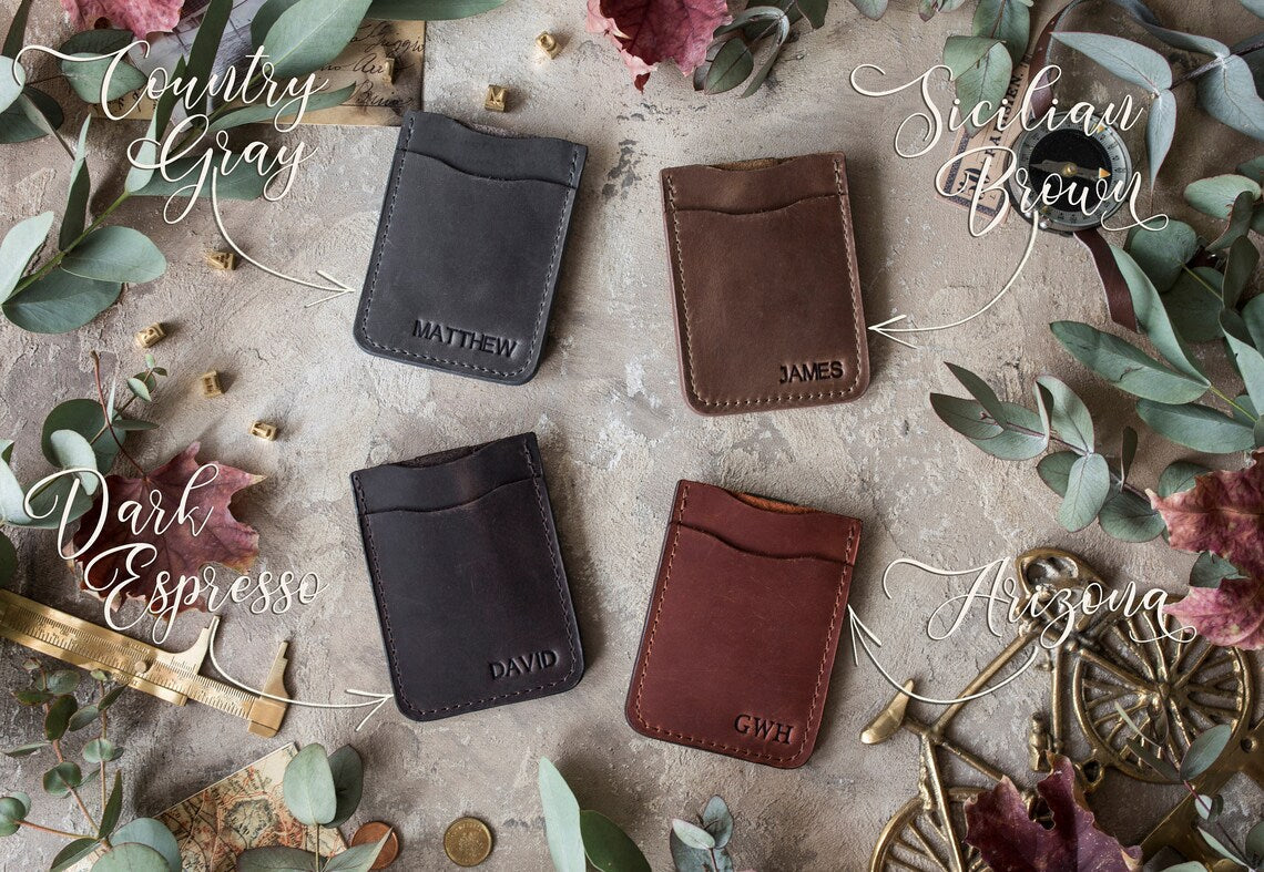 Personalized money clips shown in four leather colors