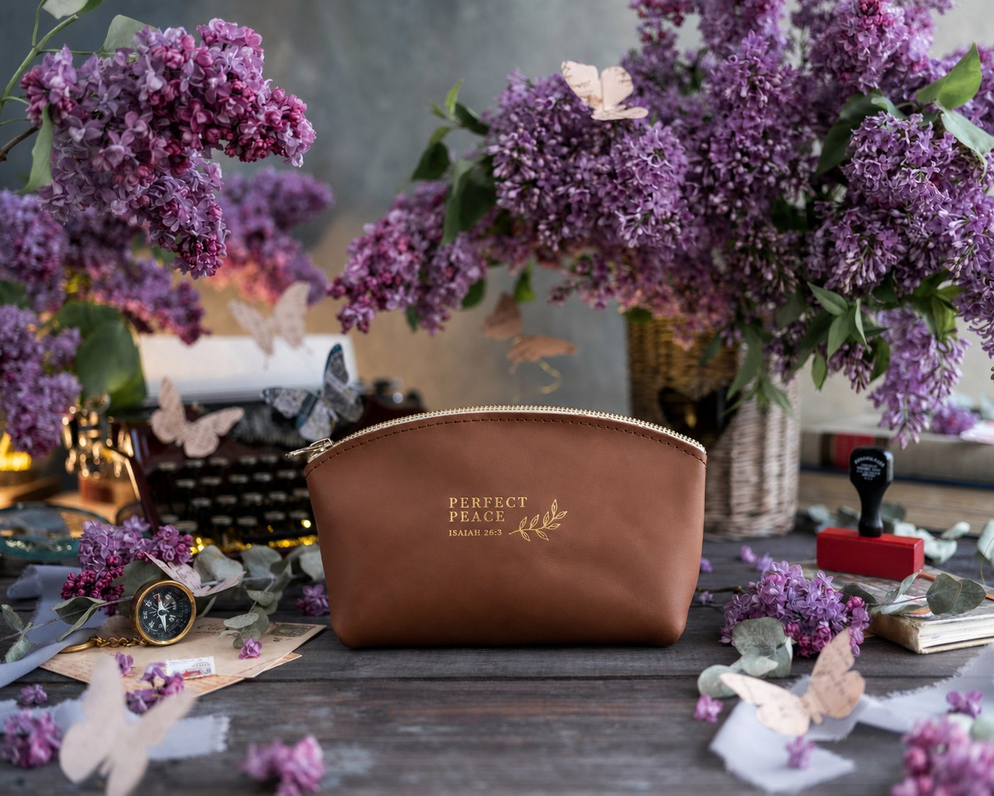 Perfect Peace Isaiah 26:3 Caramel full-grain leather makeup bag, Christian scripture gift