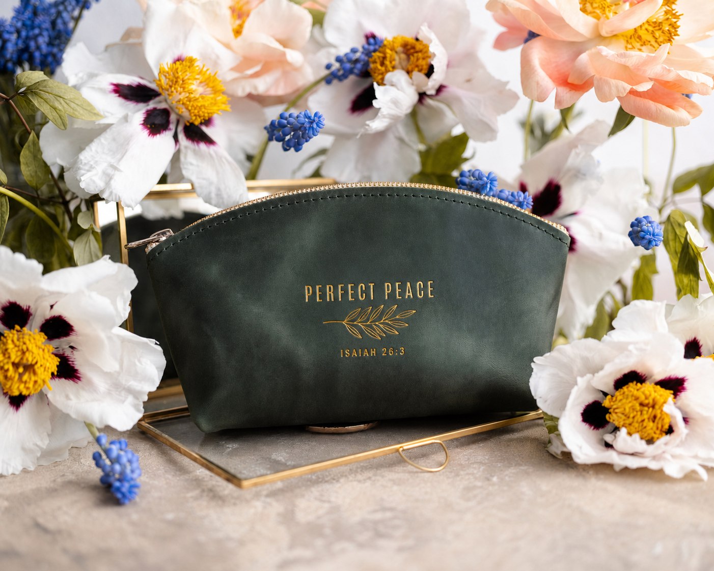 Perfect Peace Isaiah 26:3 full-grain leather makeup bag, Christian scripture gift