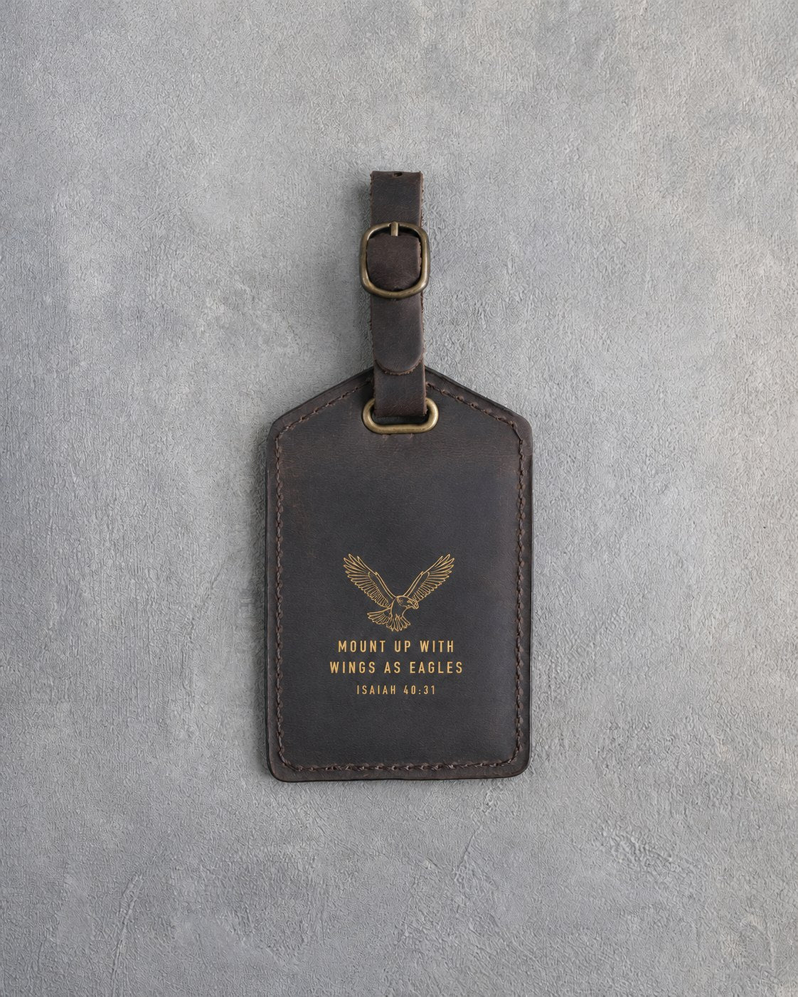 Mount Up With Wings As Eagles Isaiah 40:31 Dark Espresso full-grain leather luggage tag, Christian scripture gift