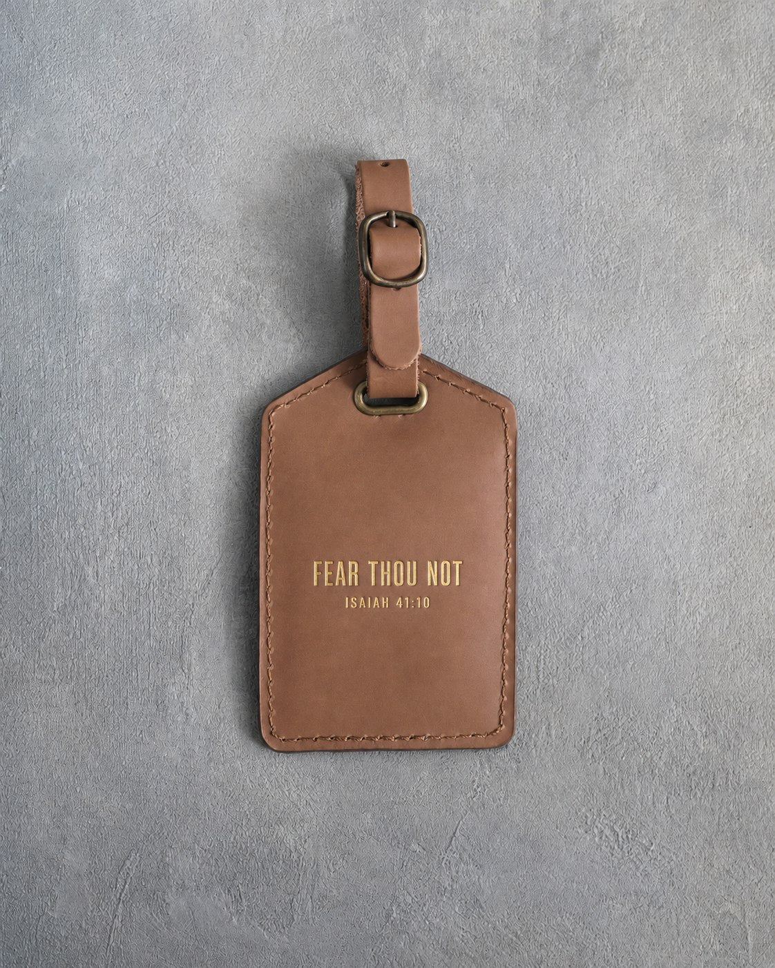 Fear Thou Not Isaiah 41:10 Caramel full-grain leather luggage tag, Christian scripture gift