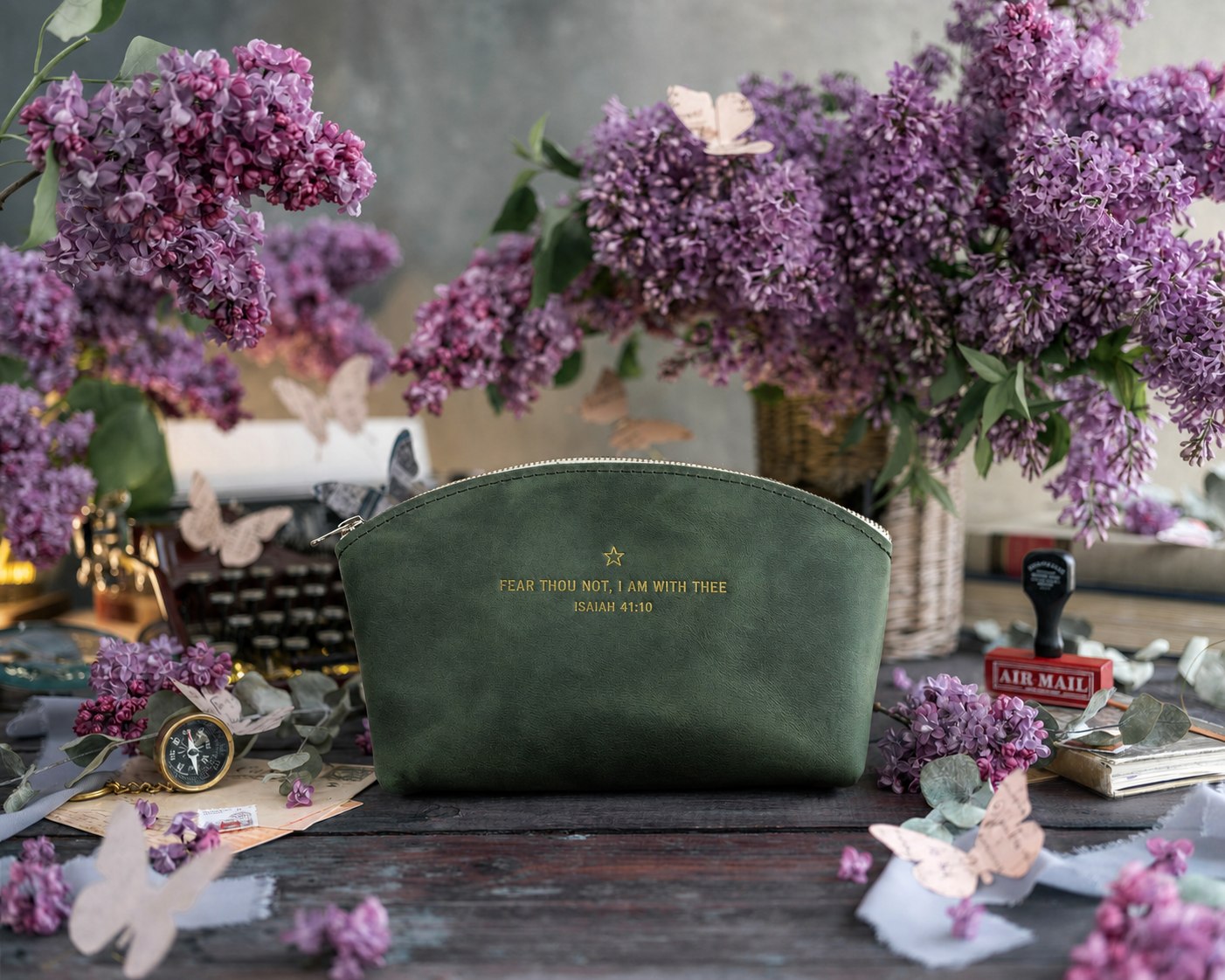 Fear Thou Not Isaiah 41:10 full-grain leather makeup bag, Christian scripture gift