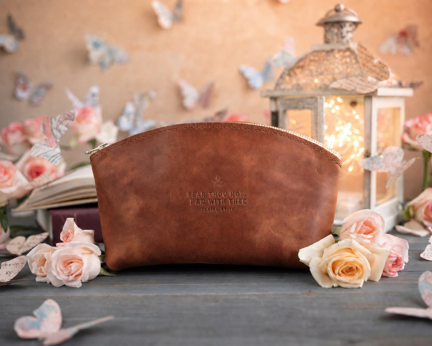 Fear Thou Not Isaiah 41:10 Arizona full-grain leather makeup bag, Christian scripture gift