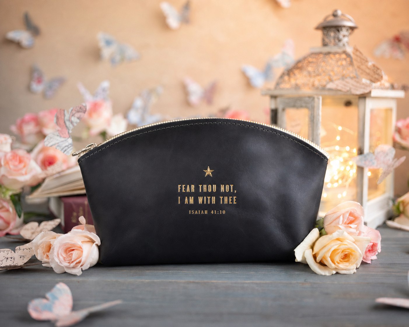 Fear Thou Not Isaiah 41:10 Black full-grain leather makeup bag, Christian scripture gift