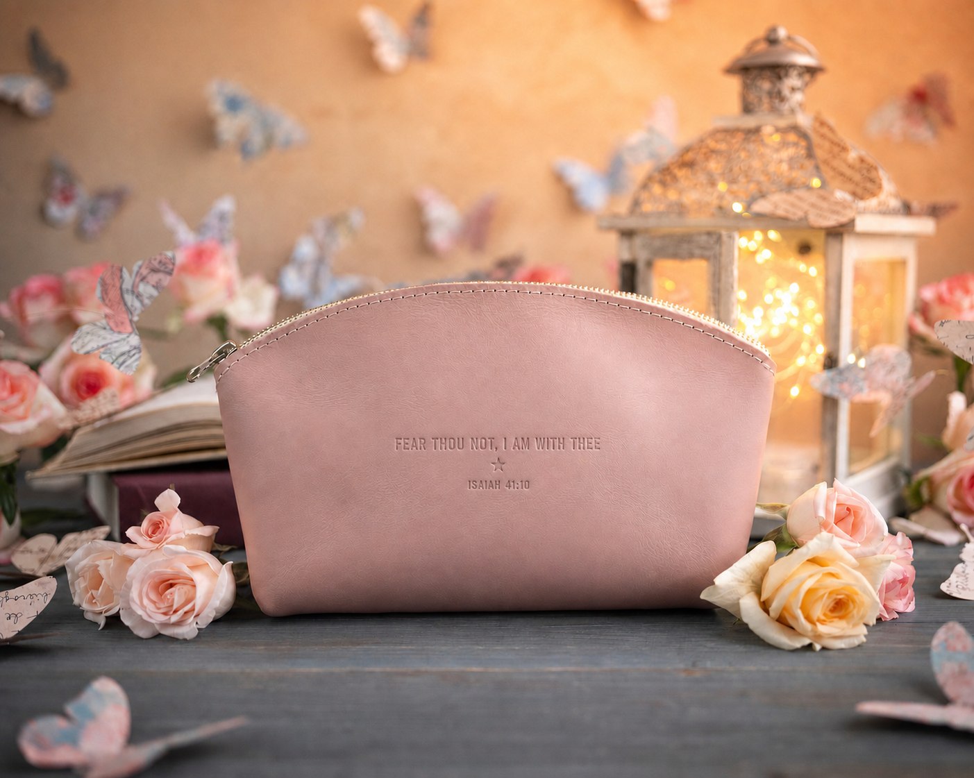 Fear Thou Not Isaiah 41:10 Blush full-grain leather makeup bag, Christian scripture gift