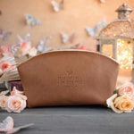 Fear Thou Not Isaiah 41:10 Caramel full-grain leather makeup bag, Christian scripture gift