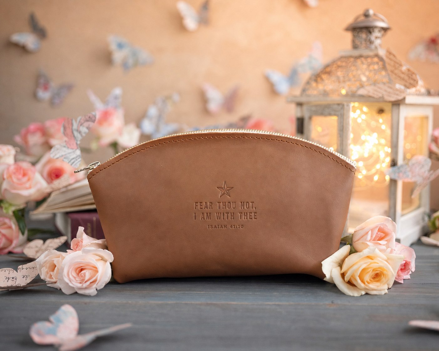 Fear Thou Not Isaiah 41:10 Caramel full-grain leather makeup bag, Christian scripture gift