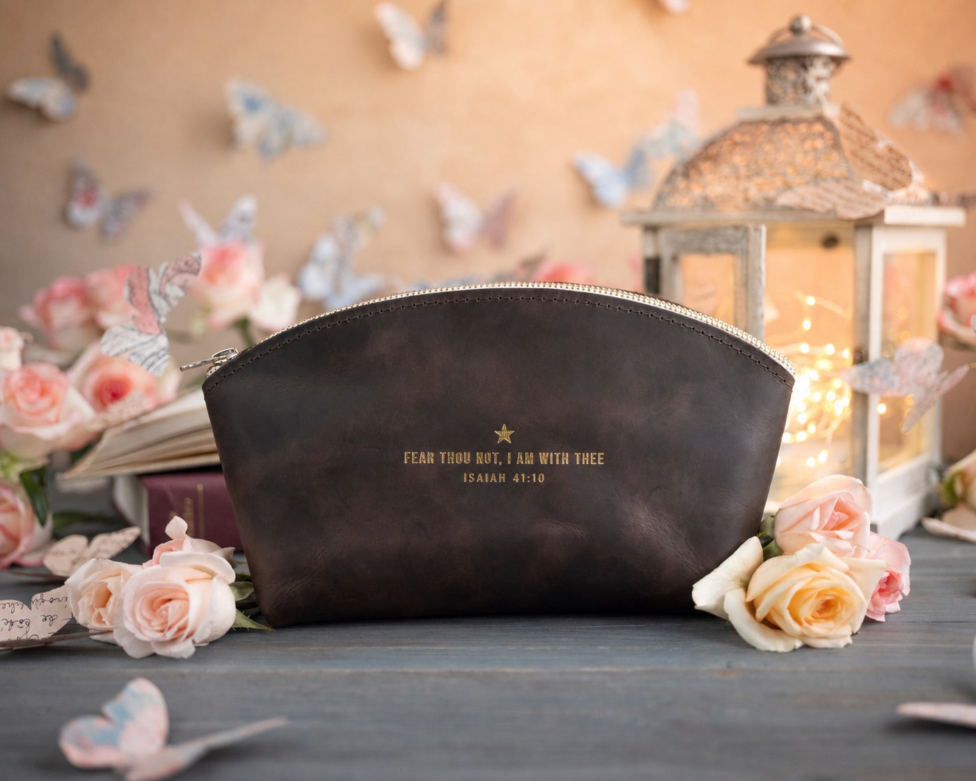 Fear Thou Not Isaiah 41:10 Dark Espresso full-grain leather makeup bag, Christian scripture gift
