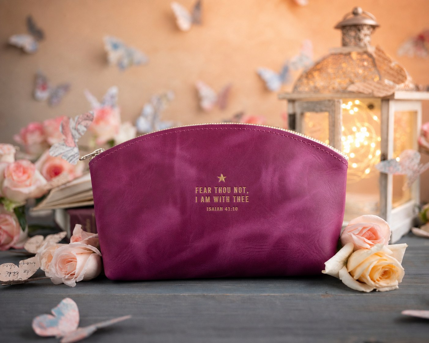 Fear Thou Not Isaiah 41:10 Fuchsia full-grain leather makeup bag, Christian scripture gift
