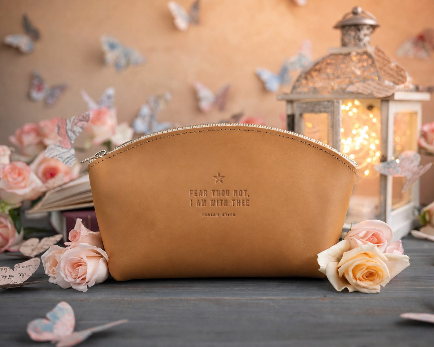 Fear Thou Not Isaiah 41:10 Indian Summer full-grain leather makeup bag, Christian scripture gift
