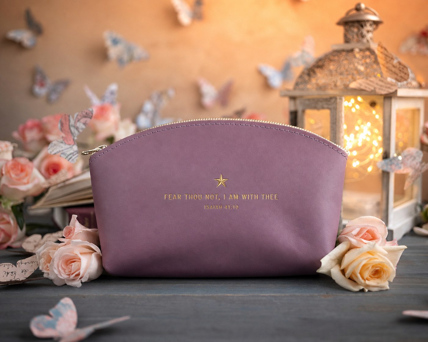 Fear Thou Not Isaiah 41:10 Lilac full-grain leather makeup bag, Christian scripture gift