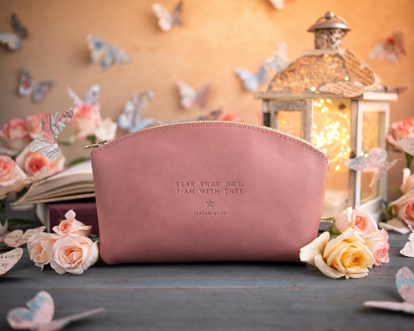 Fear Thou Not Isaiah 41:10 Parisian Blossom full-grain leather makeup bag, Christian scripture gift