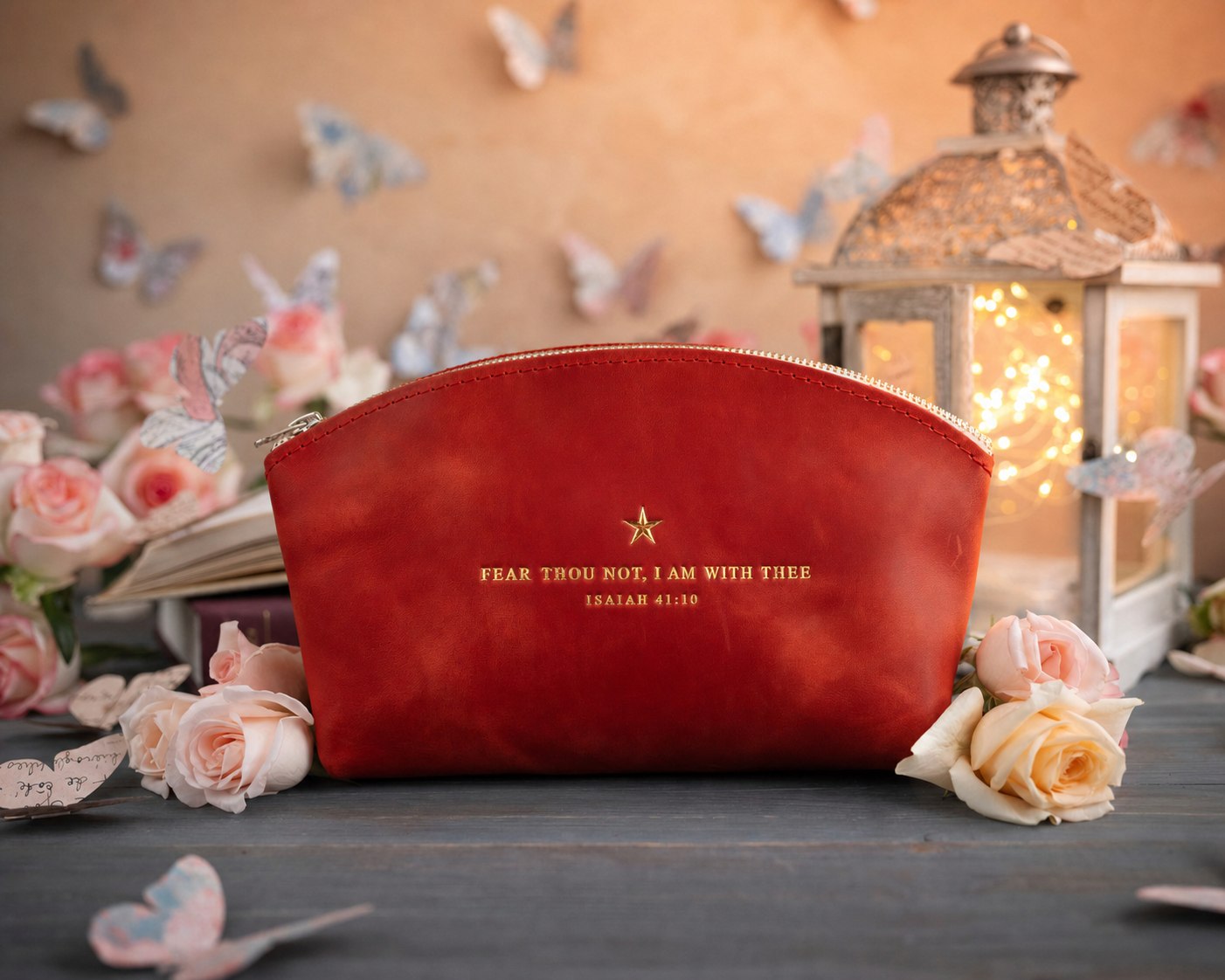 Fear Thou Not Isaiah 41:10 Poppy Red full-grain leather makeup bag, Christian scripture gift