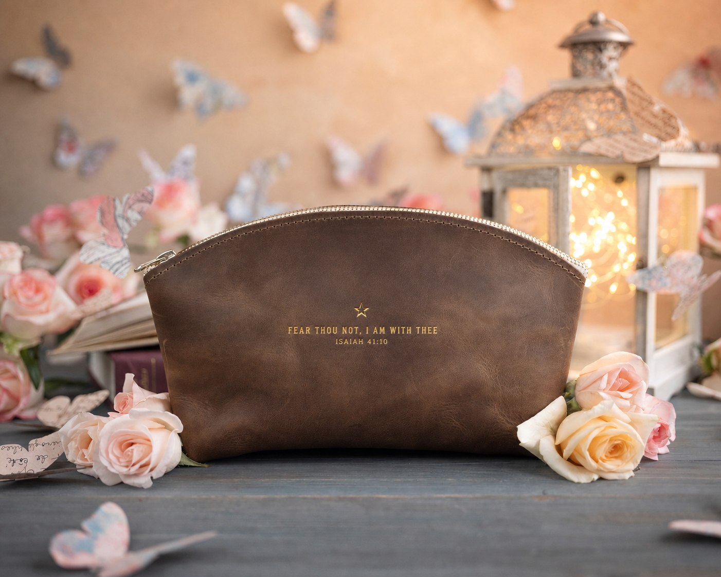 Fear Thou Not Isaiah 41:10 Sicilian Brown full-grain leather makeup bag, Christian scripture gift