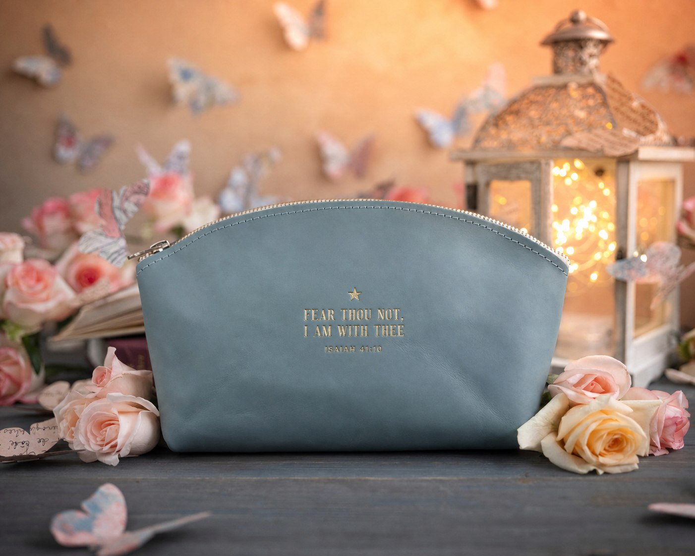 Fear Thou Not Isaiah 41:10 Turquoise full-grain leather makeup bag, Christian scripture gift