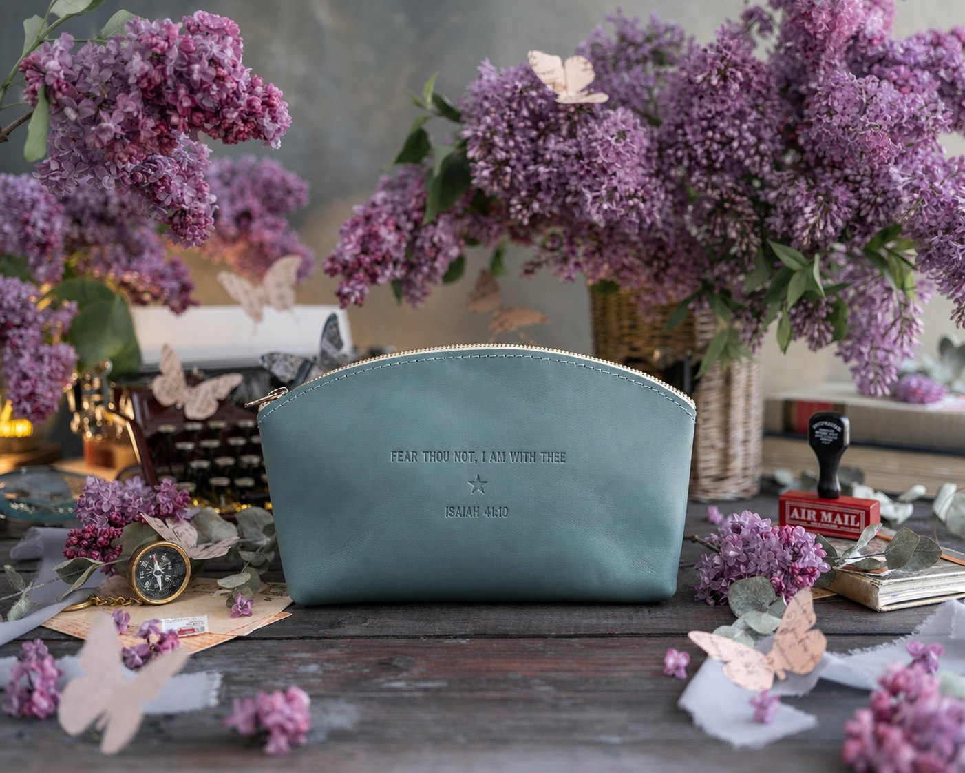 Fear Thou Not Isaiah 41:10 Turquoise full-grain leather makeup bag, Christian scripture gift