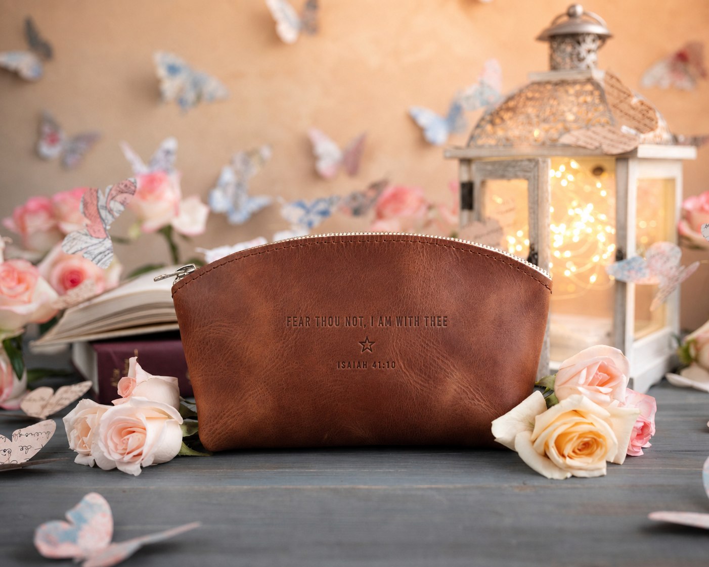 Fear Thou Not Isaiah 41:10 full-grain leather makeup bag, Christian scripture gift