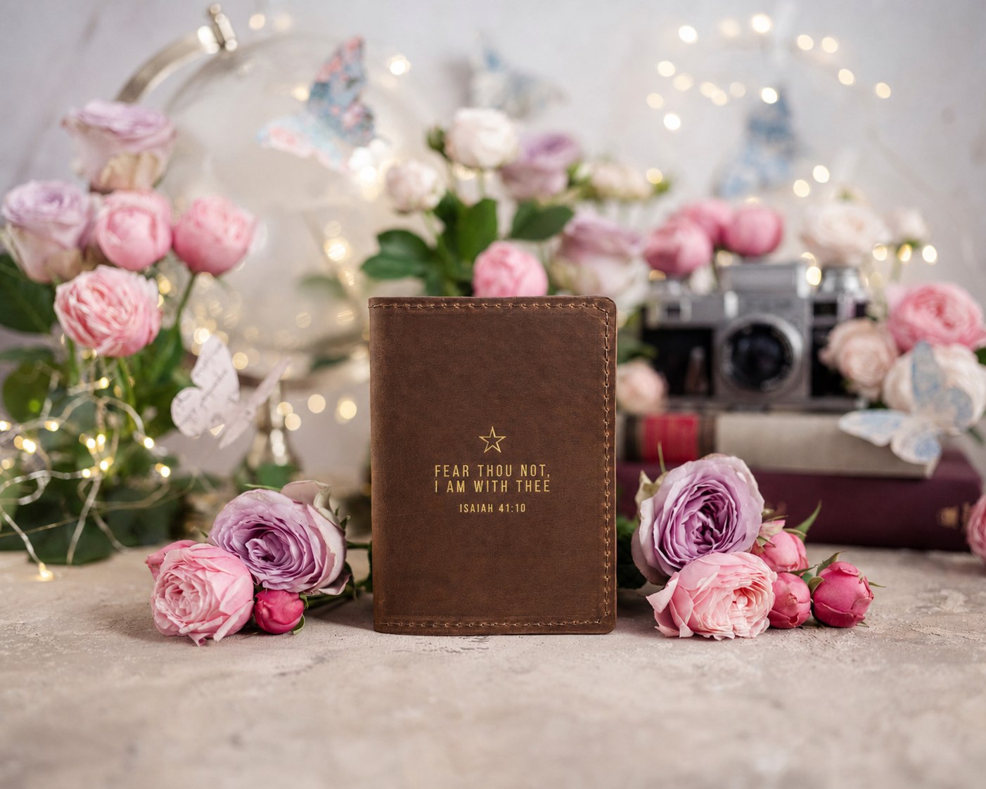 Fear Thou Not Isaiah 41:10 full-grain leather passport cover, Christian scripture gift
