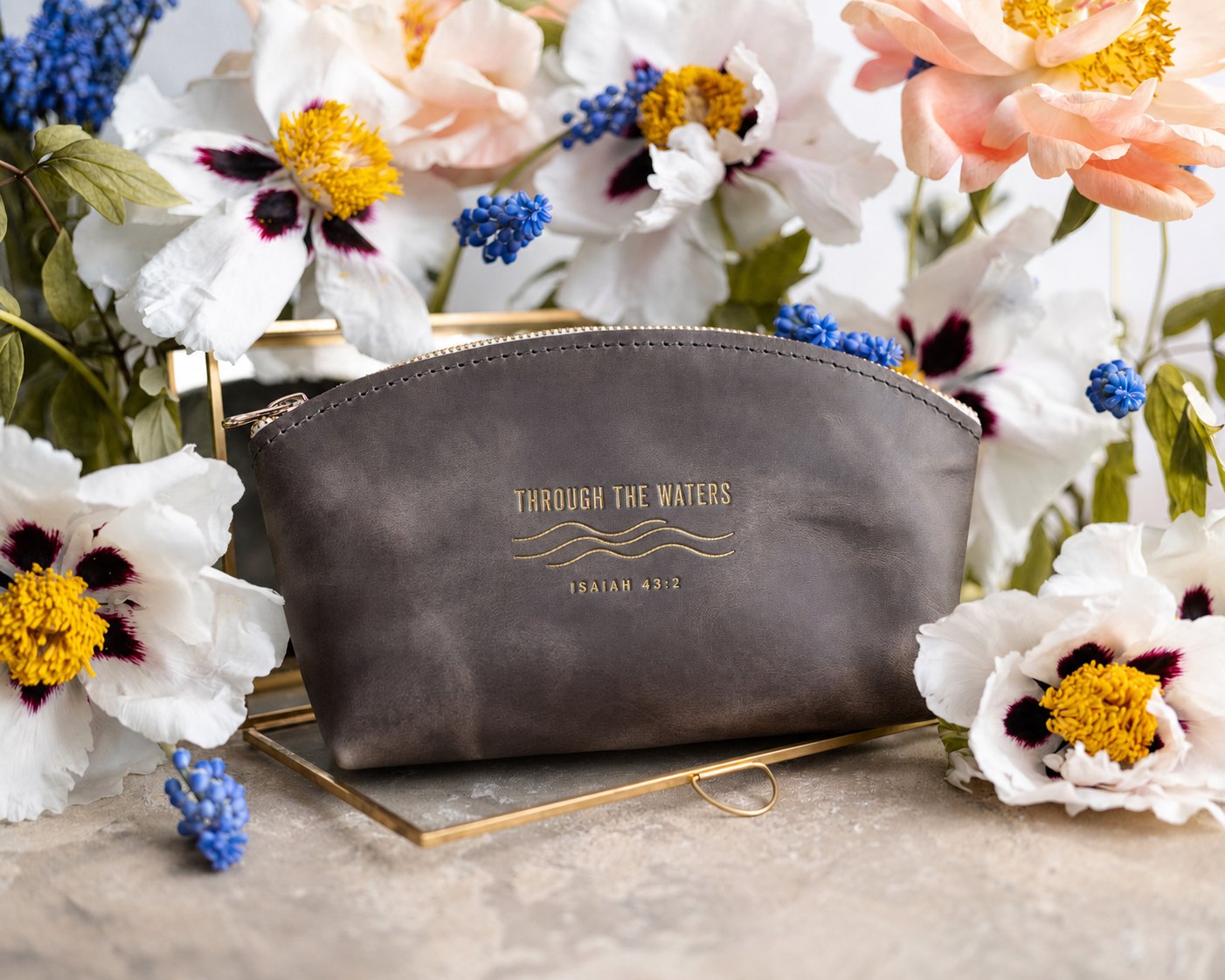 Through The Waters Isaiah 43:2 full-grain leather makeup bag, Christian scripture gift