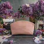 Through The Waters Isaiah 43:2 Blush full-grain leather makeup bag, Christian scripture gift