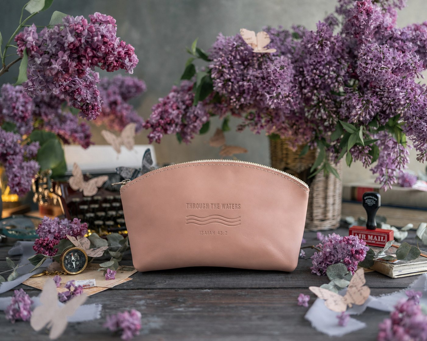 Through The Waters Isaiah 43:2 Blush full-grain leather makeup bag, Christian scripture gift