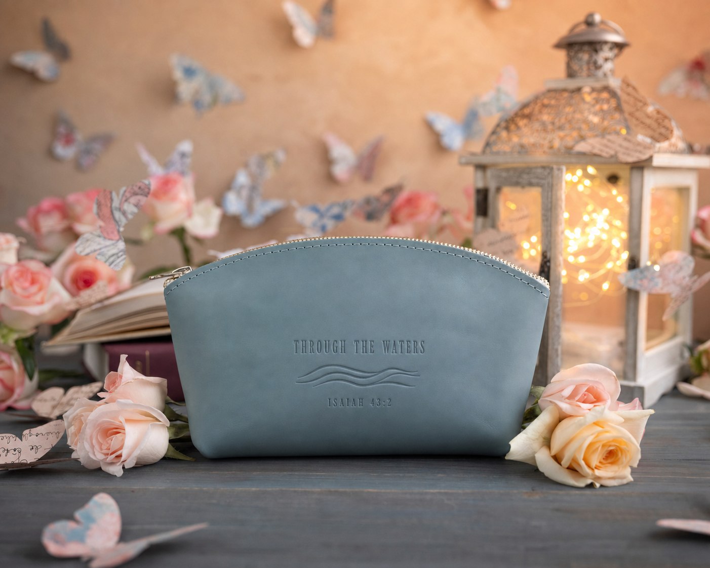 Through The Waters Isaiah 43:2 full-grain leather makeup bag, Christian scripture gift