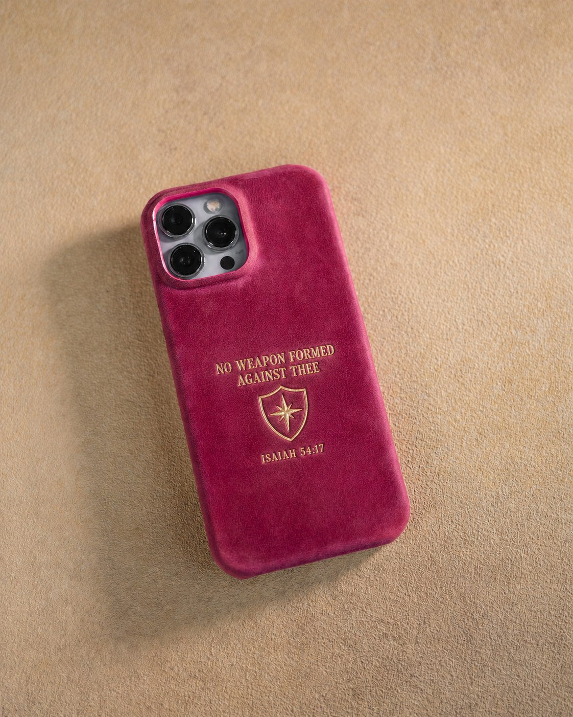 No Weapon Formed Against Thee Isaiah 54:17 handcrafted leather iPhone case, Christian scripture gift