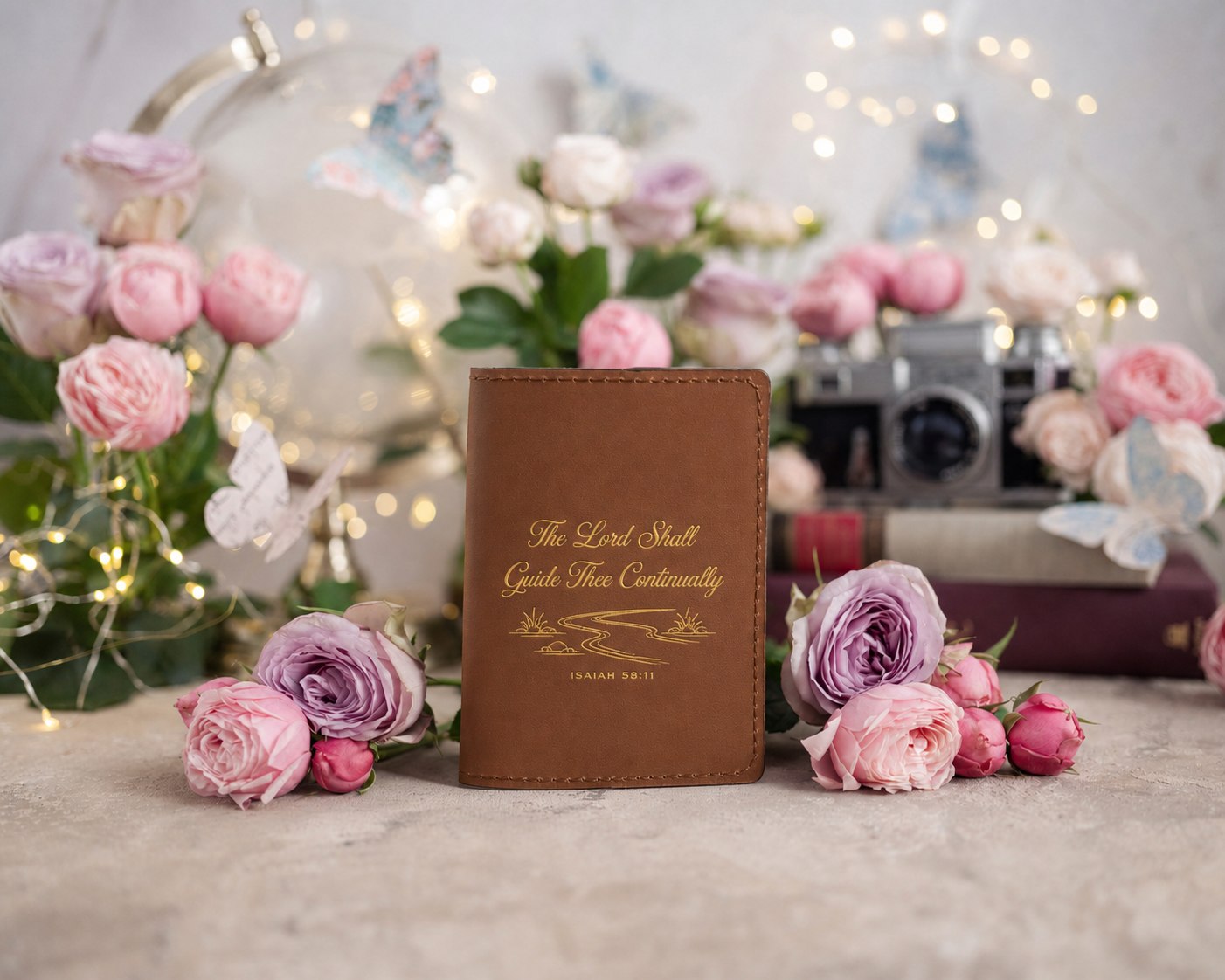 The Lord Shall Guide Thee Continually Isaiah 58:11 full-grain leather passport cover, Christian scripture gift