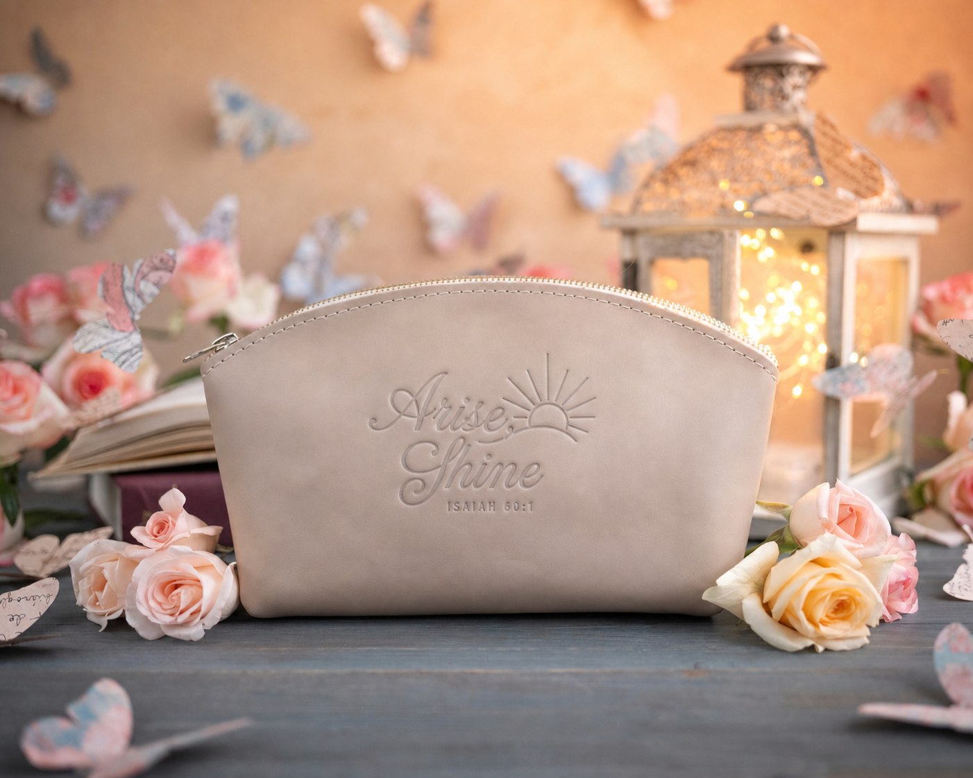 Arise, Shine Isaiah 60:1 Gray Sand full-grain leather makeup bag, Christian scripture gift