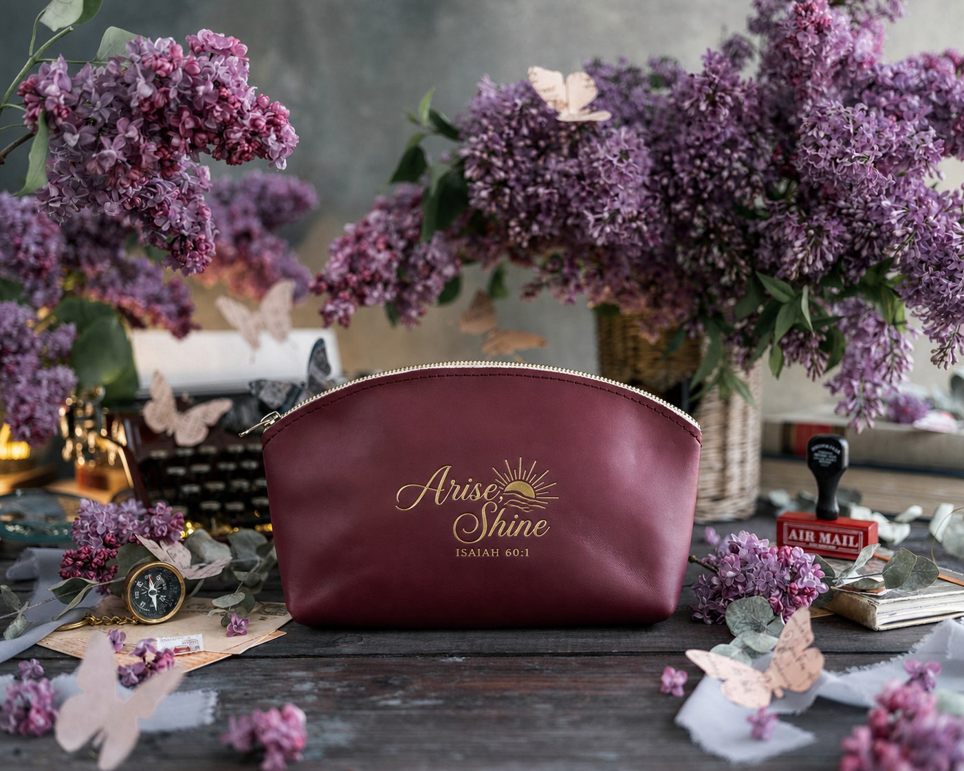 Arise, Shine Isaiah 60:1 Sangria full-grain leather makeup bag, Christian scripture gift