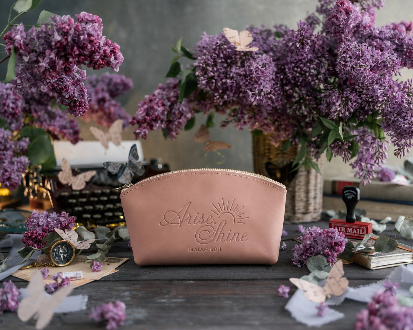 Arise, Shine Isaiah 60:1 full-grain leather makeup bag, Christian scripture gift