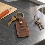 Brown It Began in Tennessee keychain resting beside an old acoustic guitar case on a wooden floor