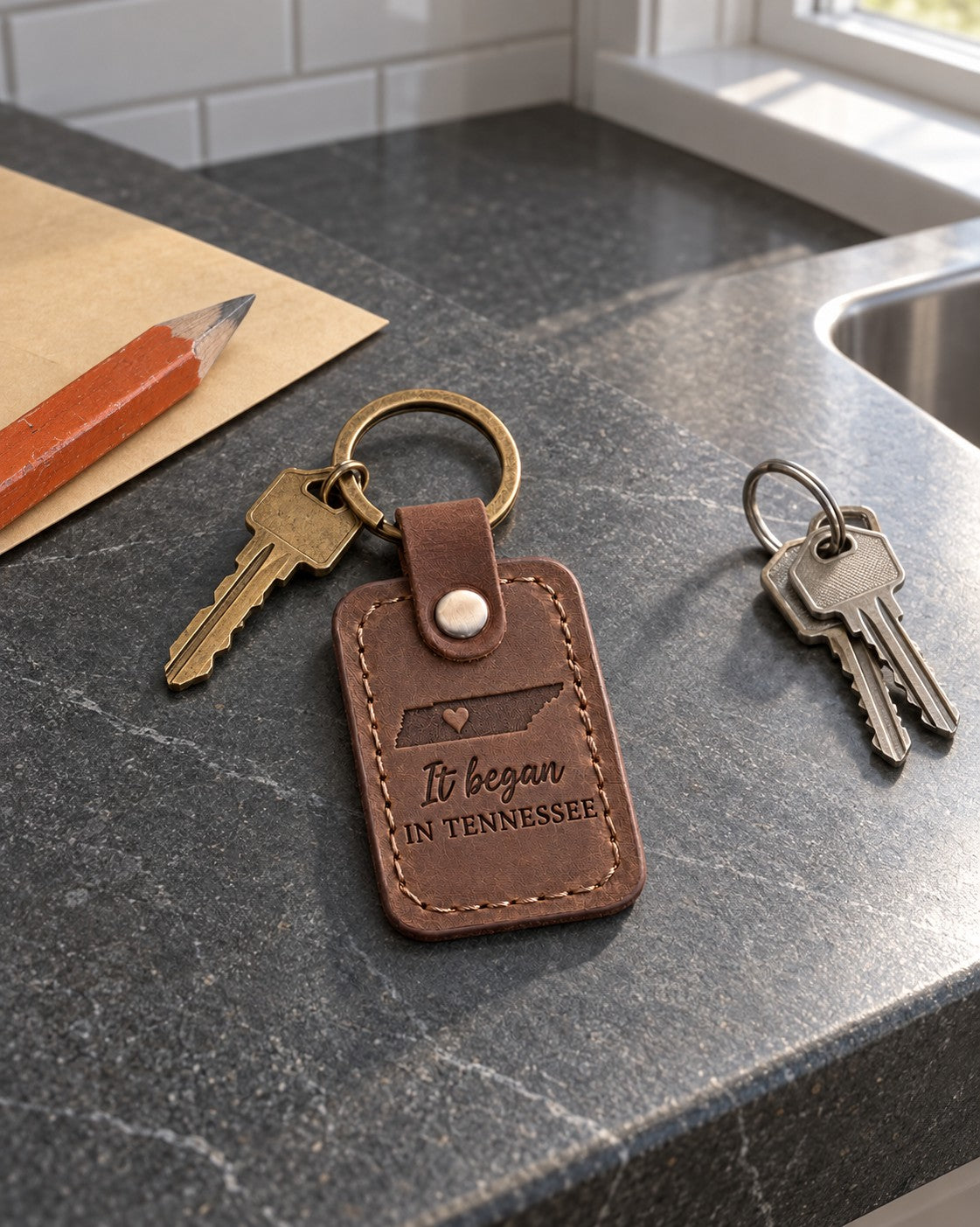Brown It Began in Tennessee keychain resting beside an old acoustic guitar case on a wooden floor