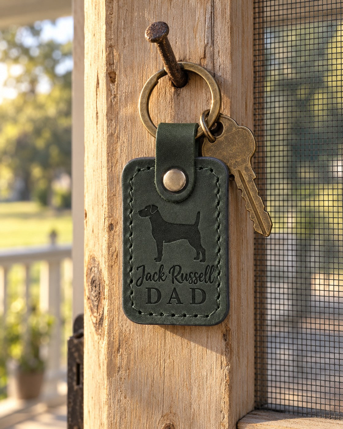 Green Jack Russell Dad keychain on a garden gate latch in bright afternoon light