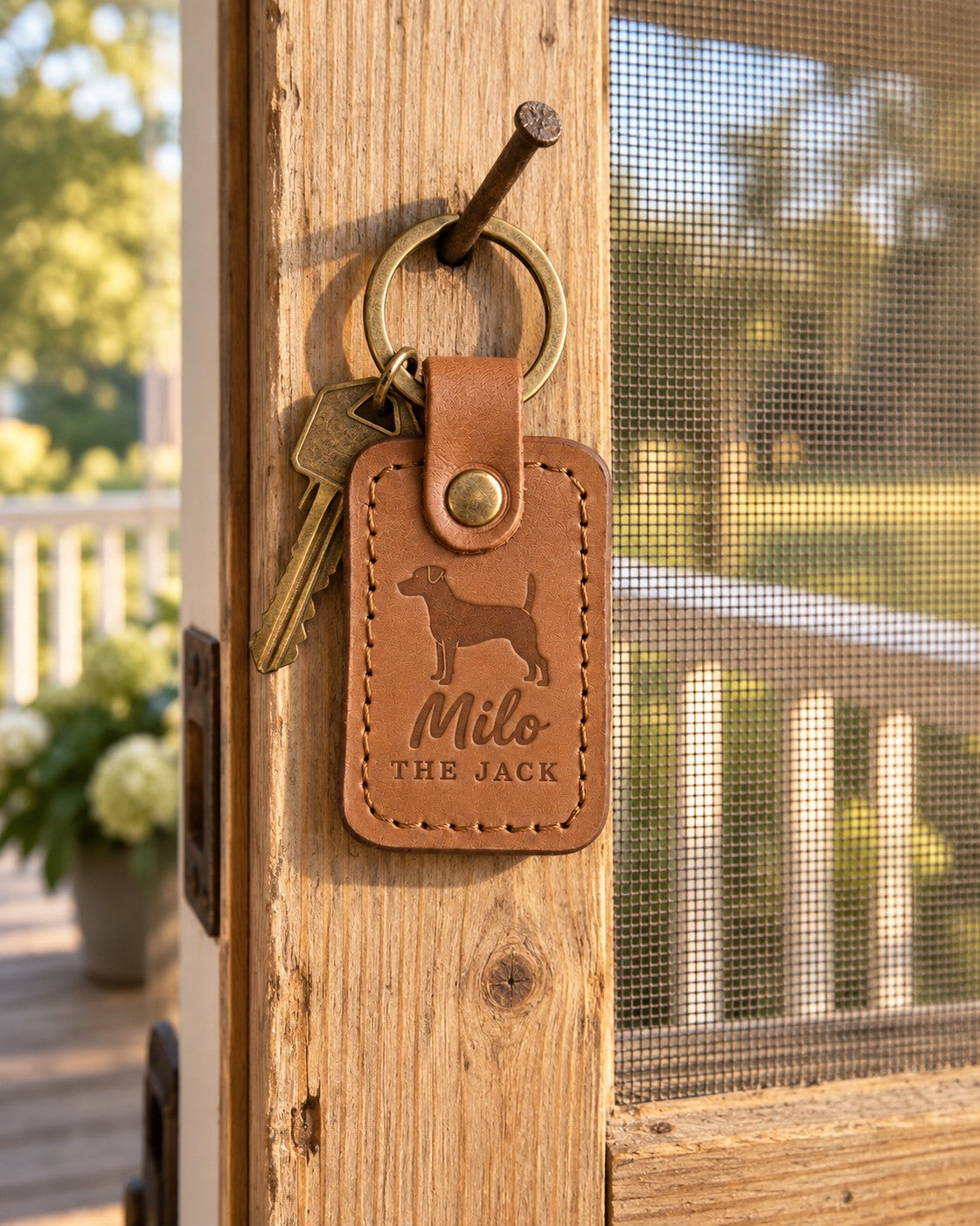 Milo the Jack keychain in caramel leather with keys on a sunny back step