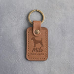Caramel leather keychain debossed with a Jack Russell terrier above the name Milo and THE JACK, on gray concrete
