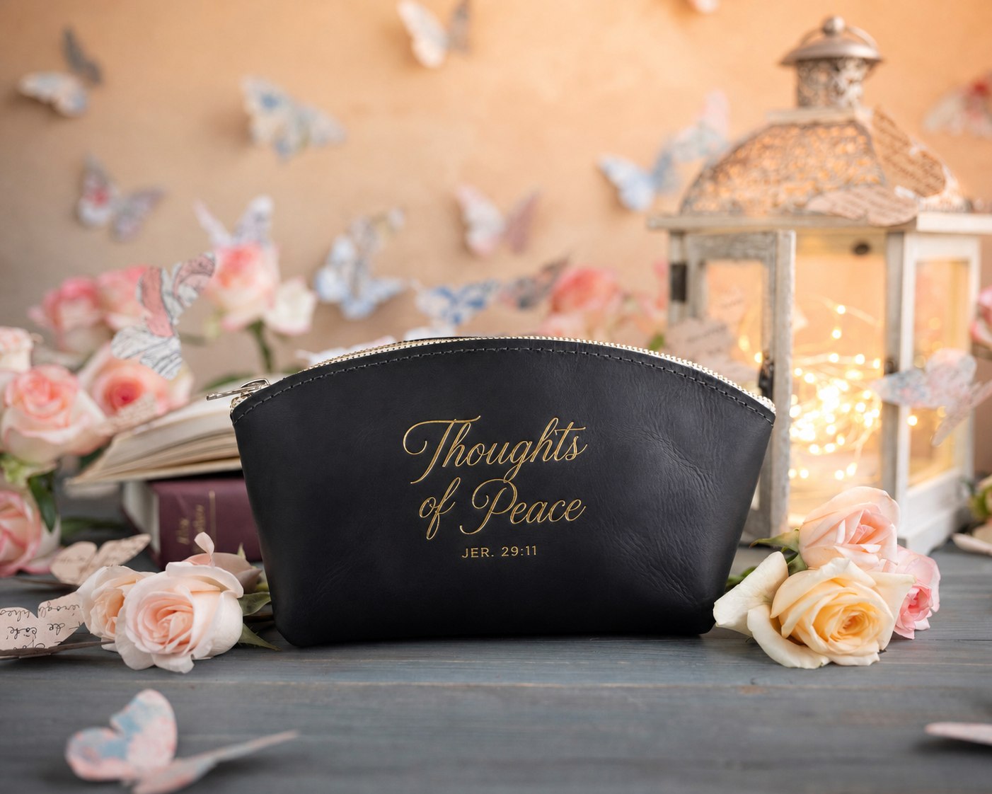 Jer. 29:11 Black full-grain leather makeup bag, Christian scripture gift