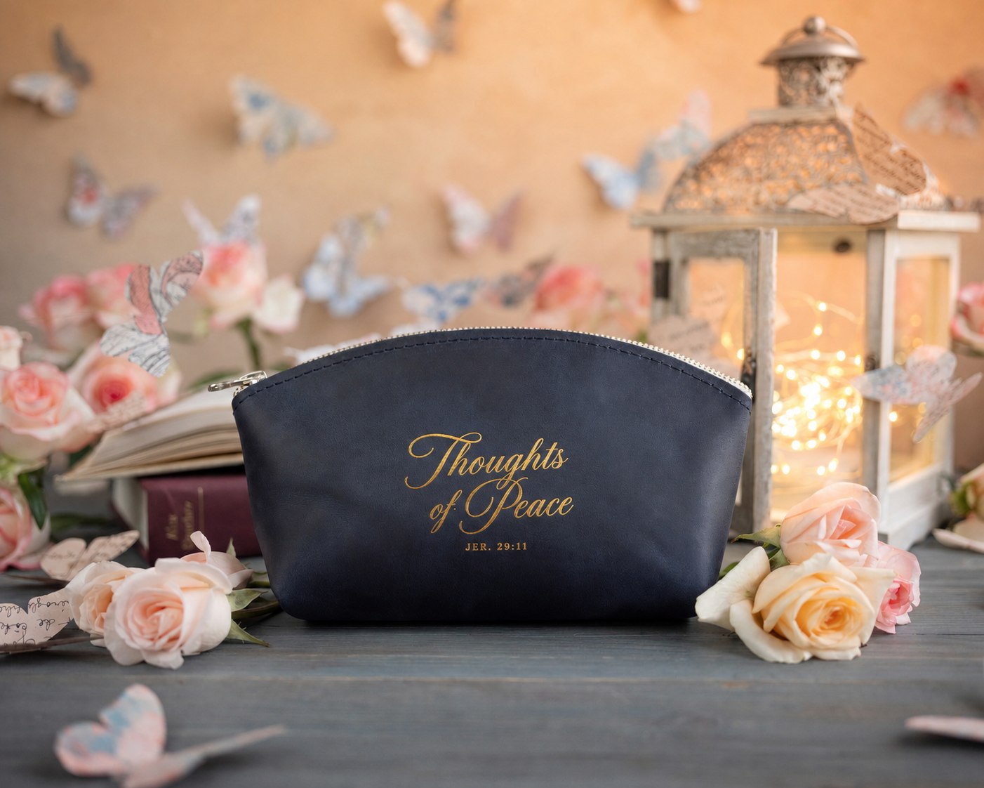 Jer. 29:11 Blueberry full-grain leather makeup bag, Christian scripture gift