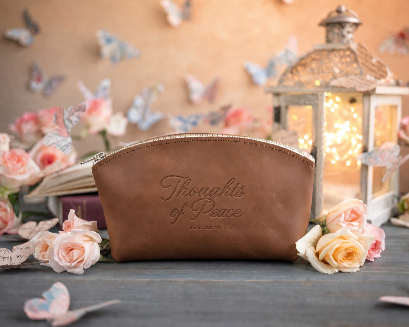 Jer. 29:11 Caramel full-grain leather makeup bag, Christian scripture gift