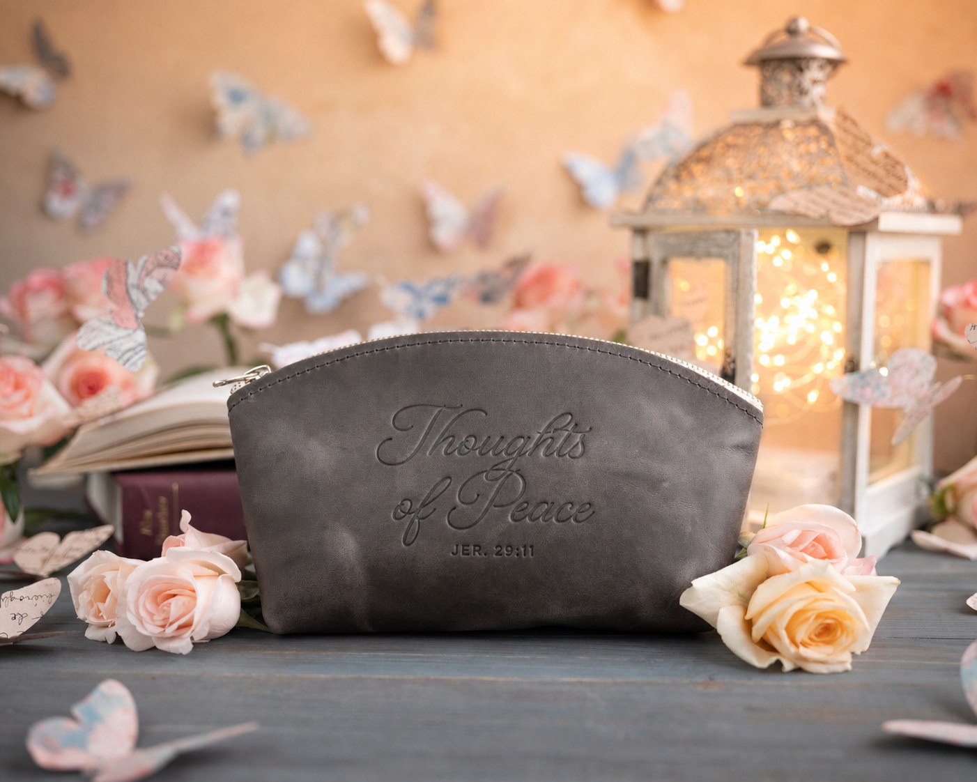Jer. 29:11 Country Gray full-grain leather makeup bag, Christian scripture gift