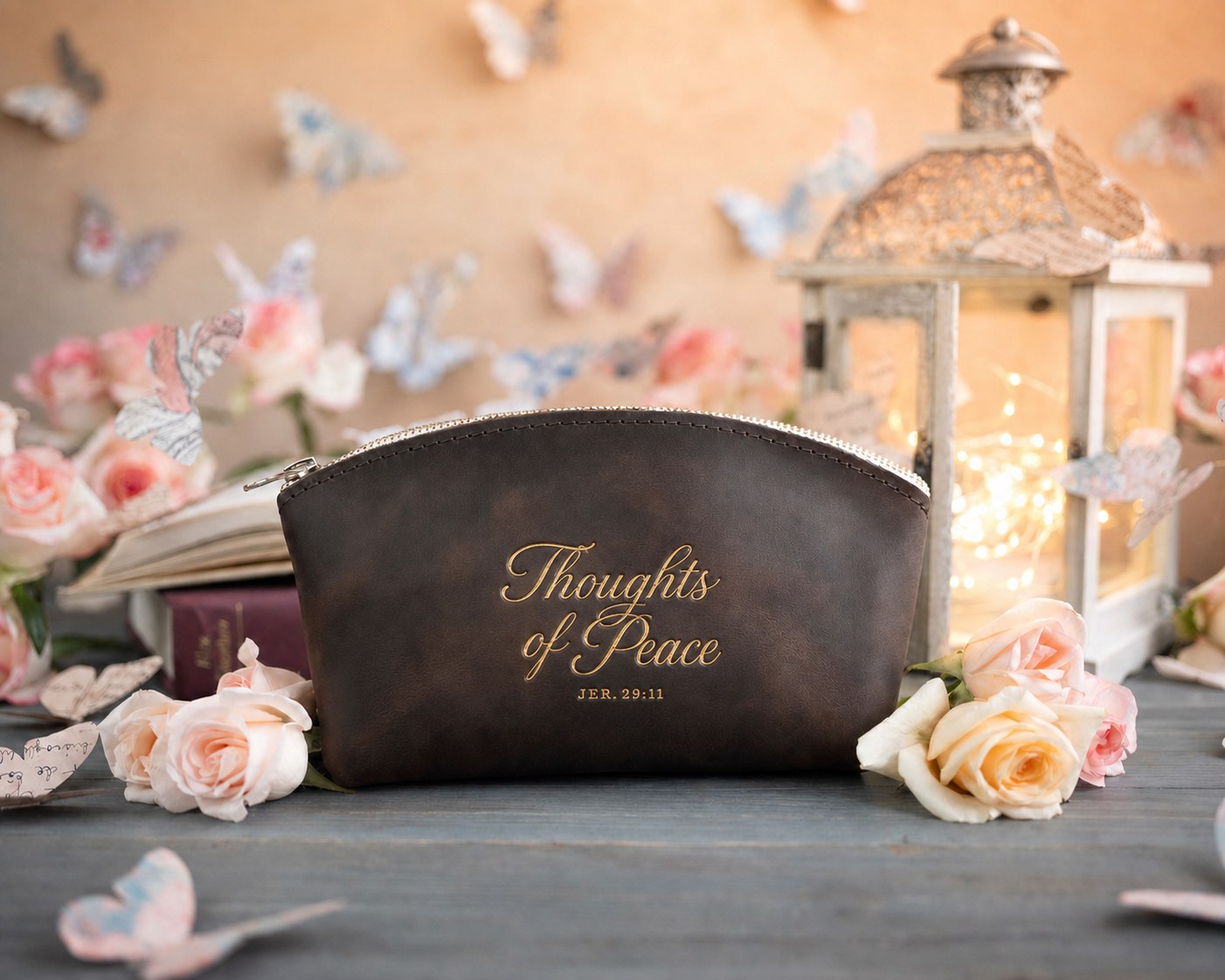 Jer. 29:11 Dark Espresso full-grain leather makeup bag, Christian scripture gift