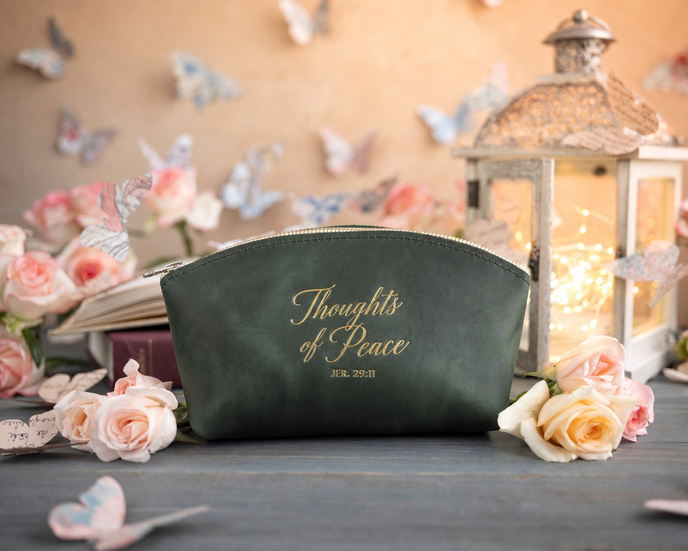Jer. 29:11 Forest Green full-grain leather makeup bag, Christian scripture gift