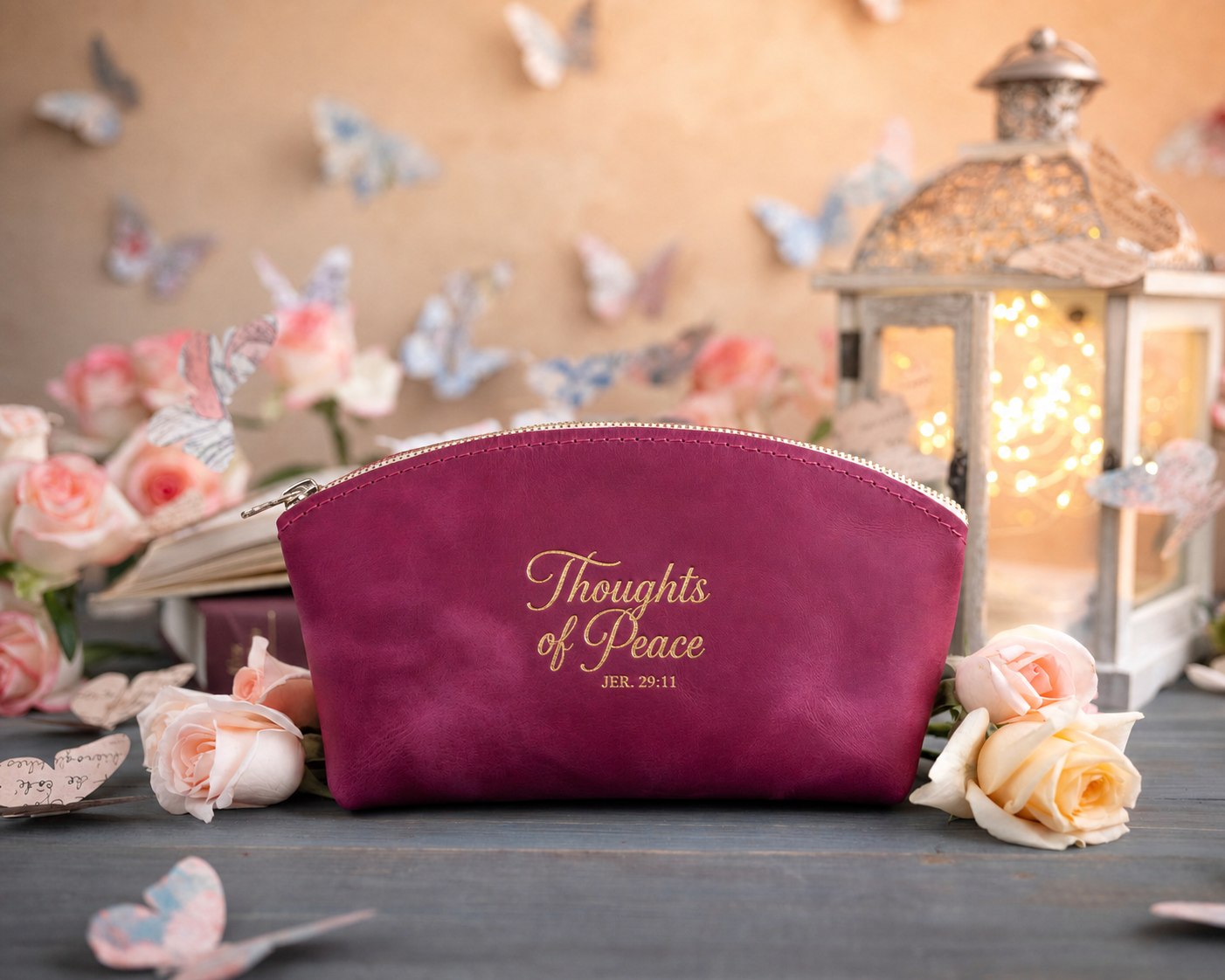 Jer. 29:11 Fuchsia full-grain leather makeup bag, Christian scripture gift