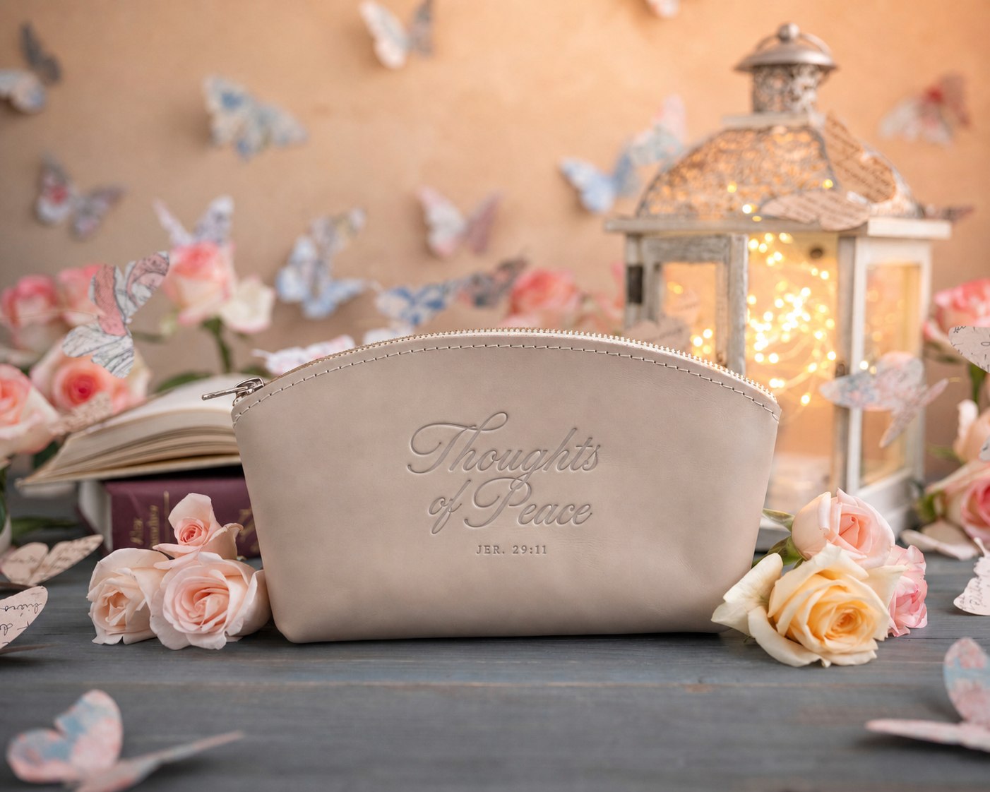 Jer. 29:11 Gray Sand full-grain leather makeup bag, Christian scripture gift