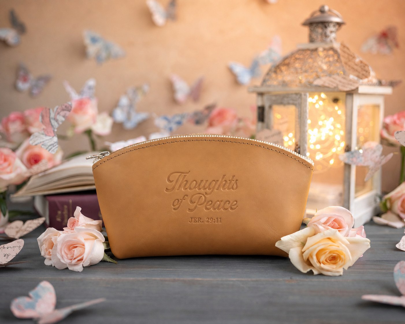 Jer. 29:11 Indian Summer full-grain leather makeup bag, Christian scripture gift