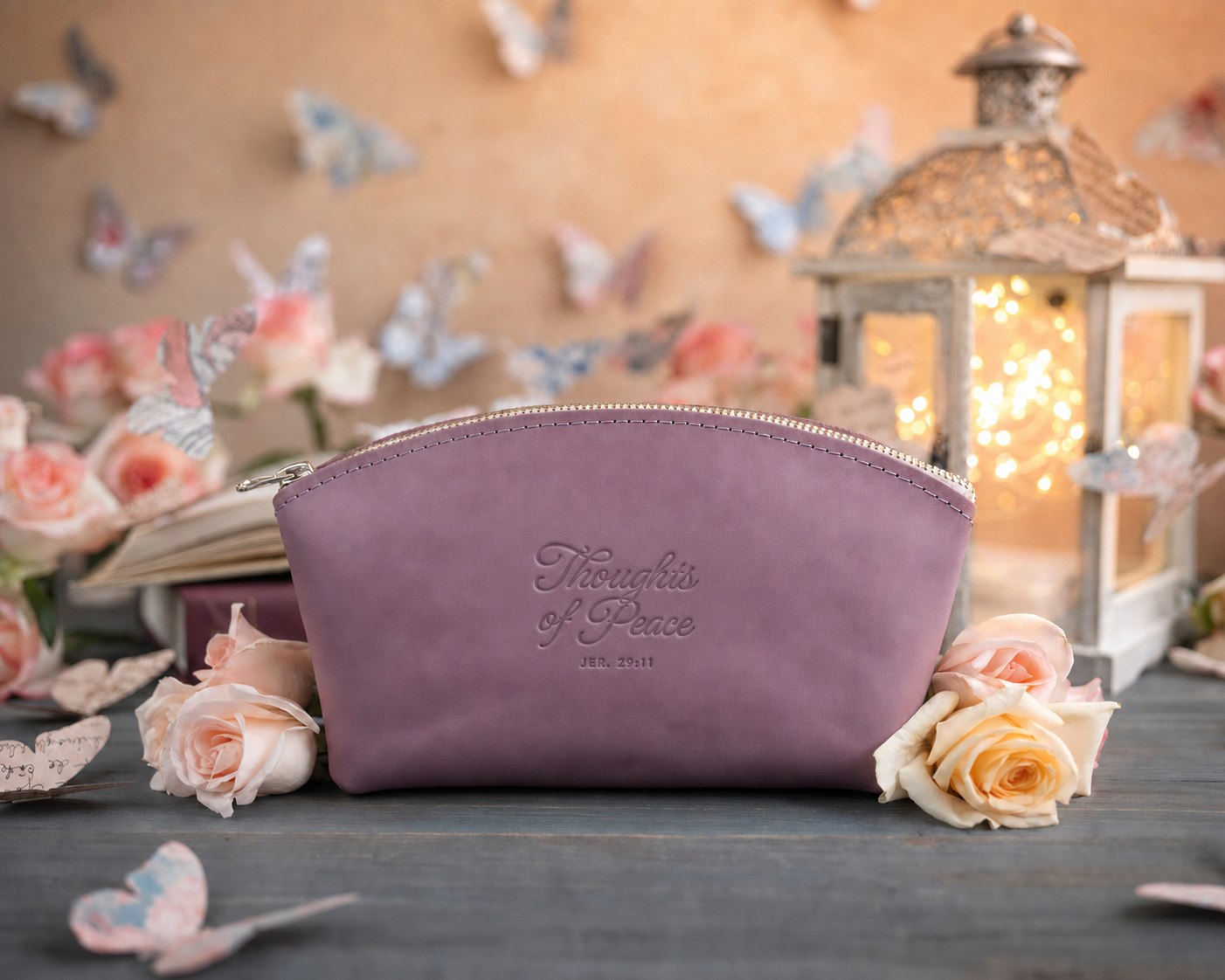 Jer. 29:11 Lilac full-grain leather makeup bag, Christian scripture gift
