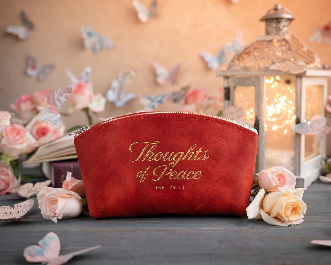 Jer. 29:11 Poppy Red full-grain leather makeup bag, Christian scripture gift