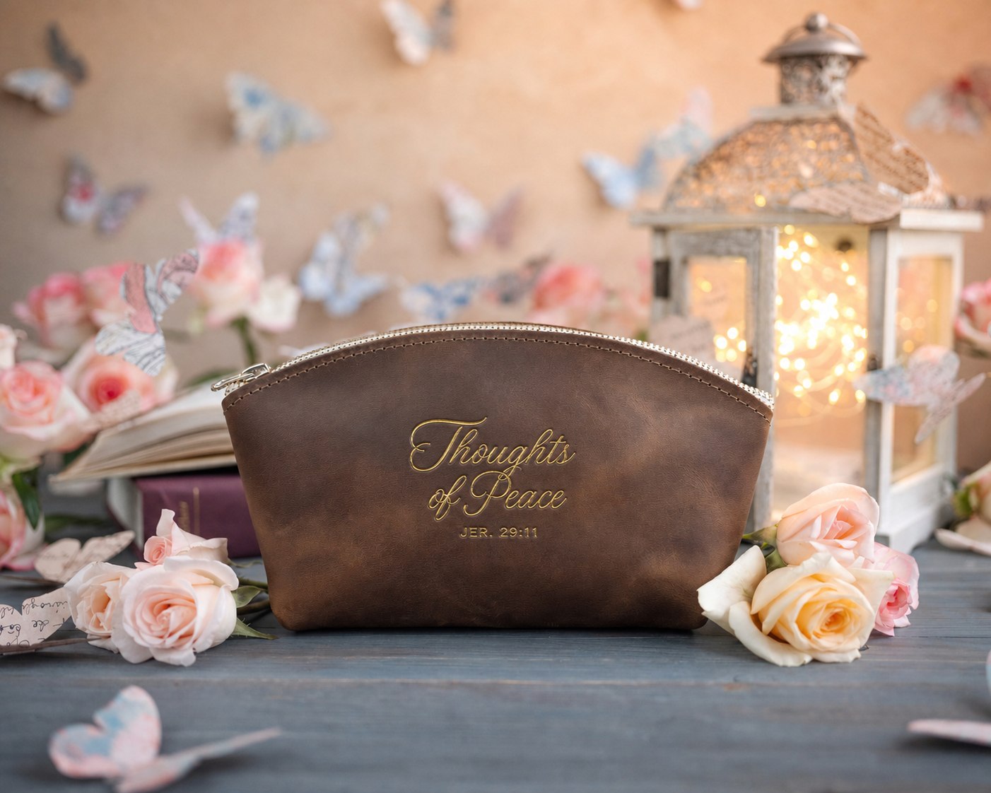 Jer. 29:11 Sicilian Brown full-grain leather makeup bag, Christian scripture gift