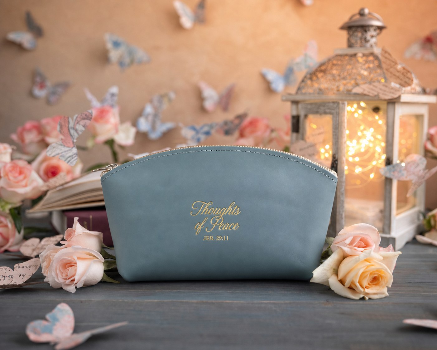 Jer. 29:11 Turquoise full-grain leather makeup bag, Christian scripture gift